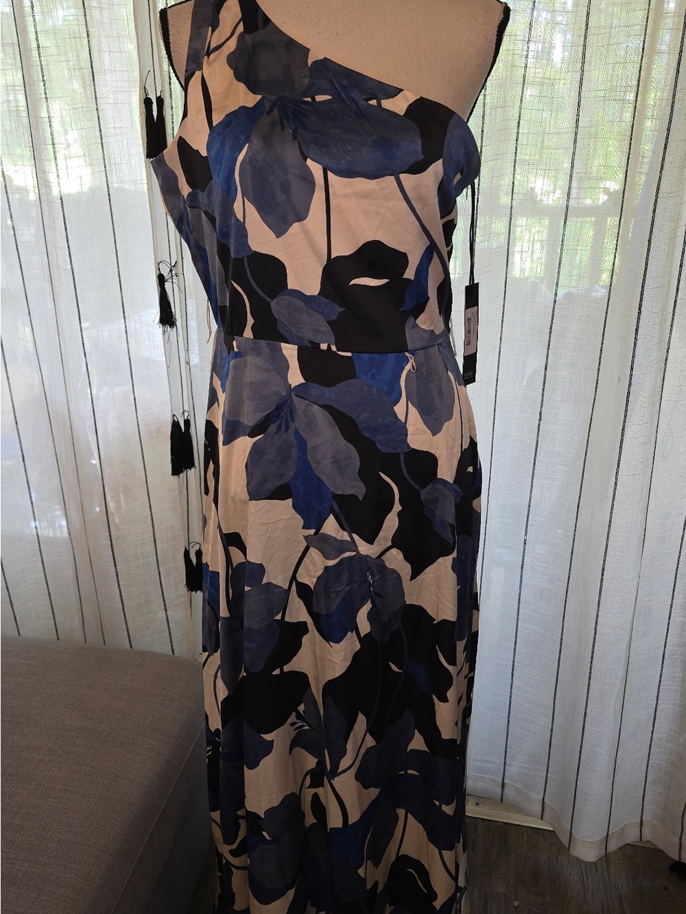 Nicole Miller One-Shoulder Maxi Dress in Blue, Black and Cream